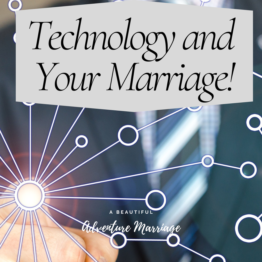 A man in a business suit touching a computer screen. Lines are coming from the place he is touching the screen. The words "Technology and Your Marriage" are at the top.