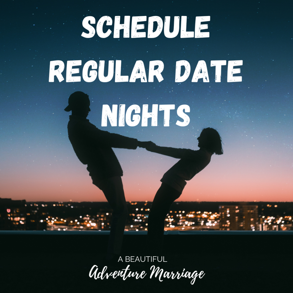A couple dancing on a roof top under the stars. The words, "Schedule Regular Date Nights" is written in the sky above them.
