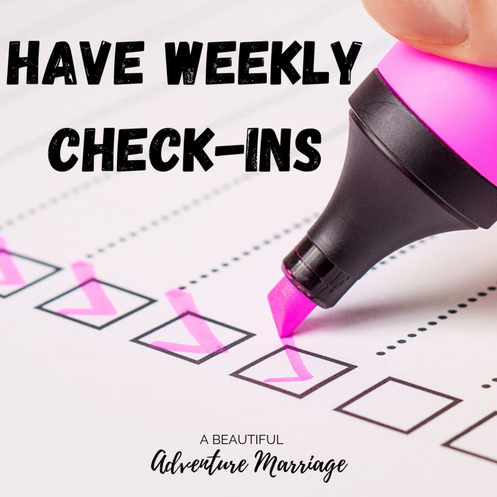 A pink marker checking off a list. The words, "Have Weekly Check-Ins" is written on the top.