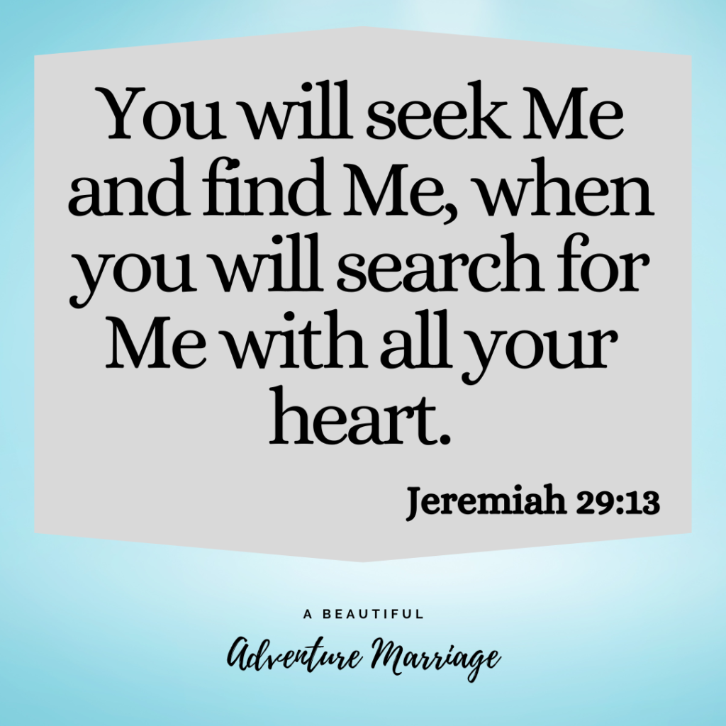 :A blue back ground with "You will seek Me and find Me, when you will search for Me with all your heart." Jeremiah 29:13 write on it