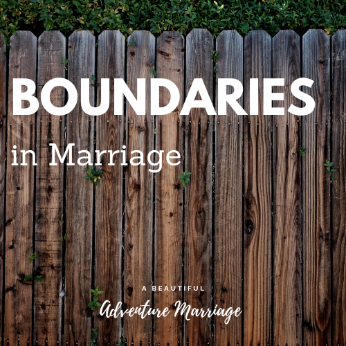 A fence blocking green bushes with the words "Boundaries in Marriage" written on the fence.