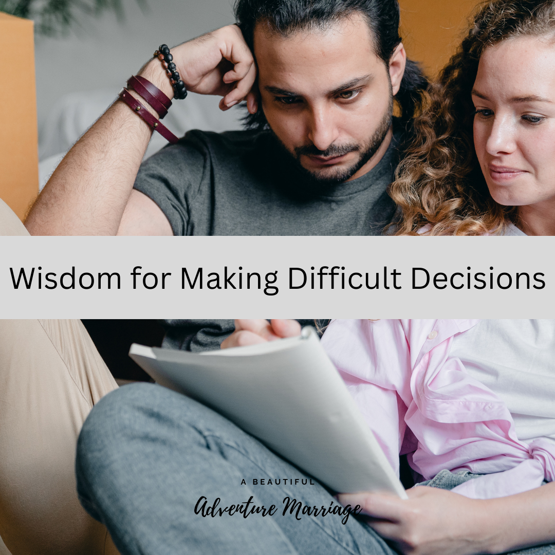 A Couple sitting beside each other trying to make a difficult decision. The Words" Wisdom for Making Difficult Decisions" is written across the front of the picture.