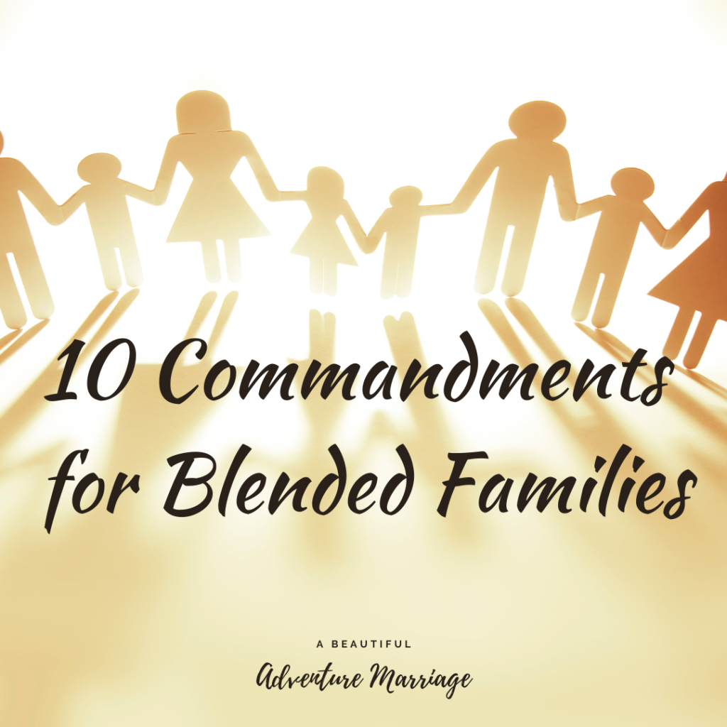 A brown background with a paper cut out people all holding hands. The words "10 Commandments for Blended Families" is written underneath the people.