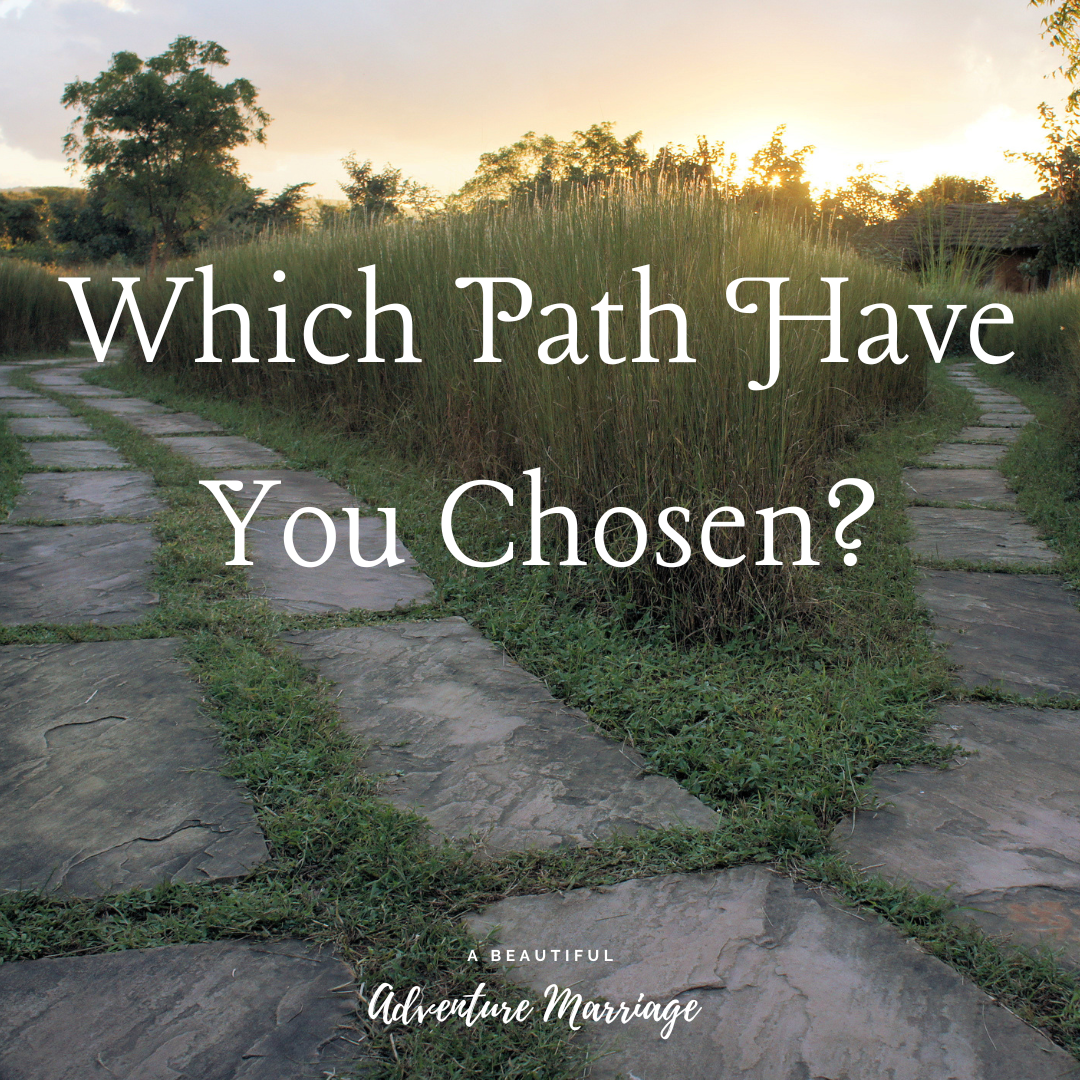 A picture of two paths. One is wide leading to the left. The other is narrow leading to the right toward the sunset.