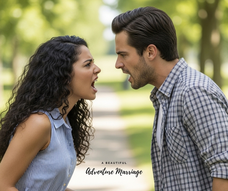 A man and woman screaming at it other outside.
