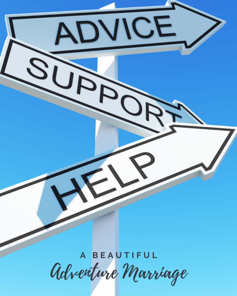 A signpost with three arrows on it. On each arrow is the words advice, support, and help. Each arrow is pointing in a different direction.